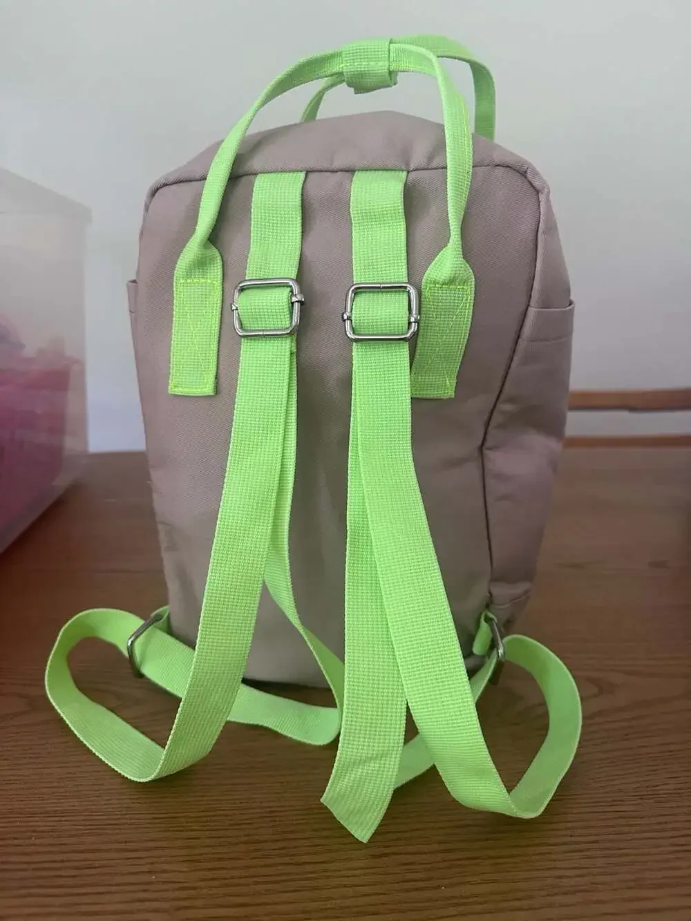 No Boundaries Mini Square Backpack Tan with Neon Green Straps